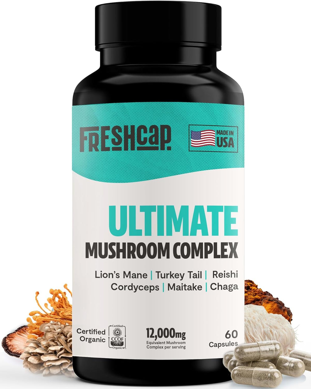 FreshCap Mushrooms Ultimate Mushroom Supplement 12,000mg - Nootropic Mushroom Complex Capsules, Organic Mushrooms Supplement, Nootropic Brain Supplements for Memory and Focus Ayurveda (60 Capsules)