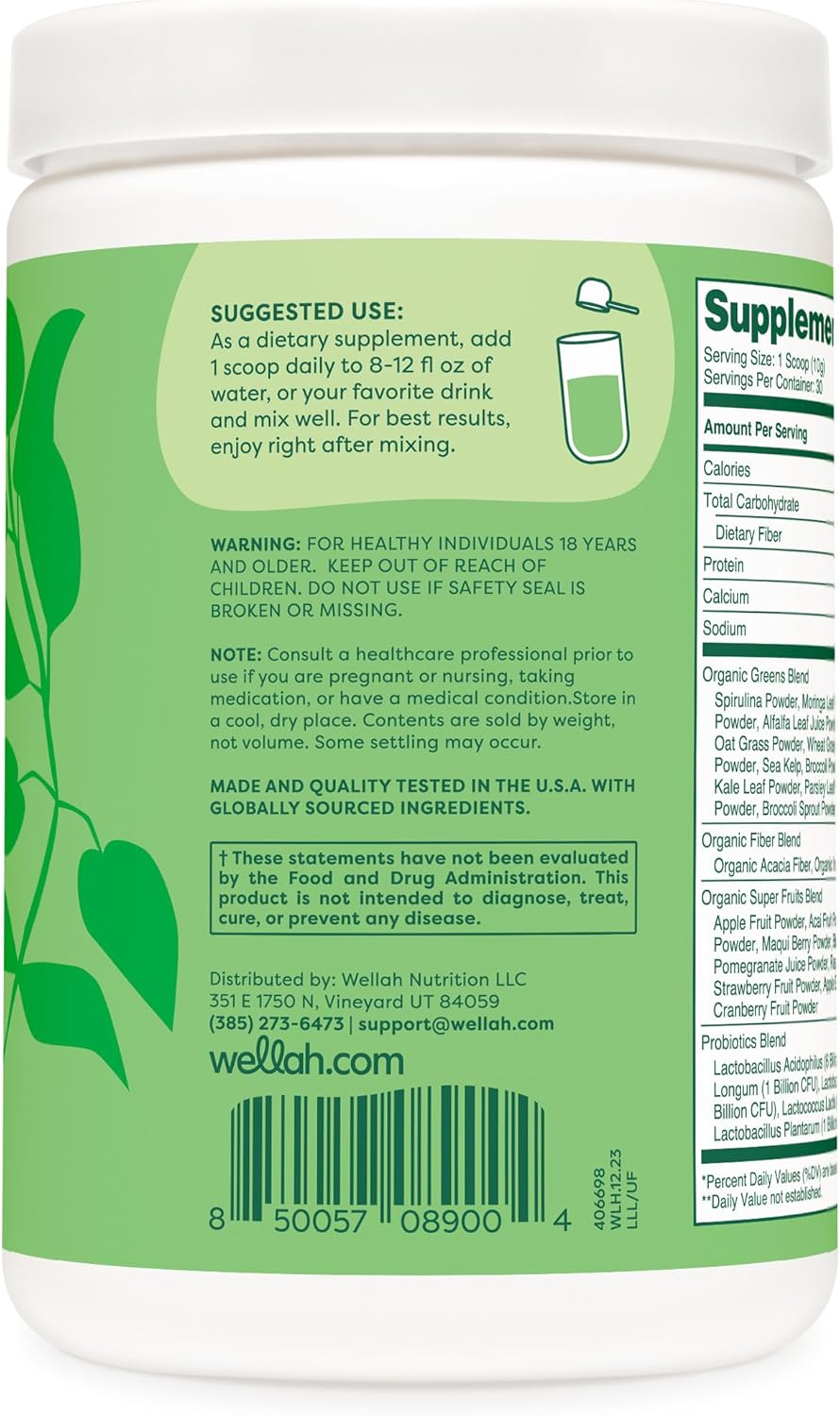 Wellah Leaf, Laugh, Love Super Greens Powder (Unflavored) 30 Servings - Superfood Supplement Drink Mix