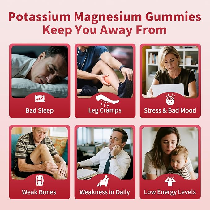 2 Pack Potassium Magnesium Gummies, Sugar Free Potassium Supplement Magnesium Glycinate 500mg, Ashwagandha, Vitamins D3, C, B6, Calcium & Zinc for Sleep, Leg Cramps & Muscle Relaxation-120 Count