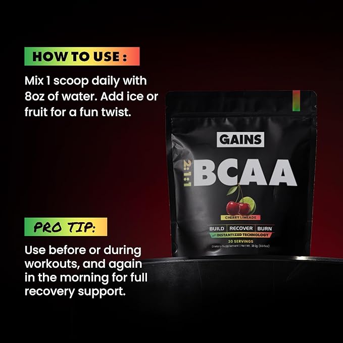 Gains in Bulk BCAA Powder, Pre Workout Plant Based Branch Chain Amino Acids, Gluten Free, Vegan Supplement with Keratin for Endurance & Strength During & Post Workout, Cherry Limeade, 30 Servings