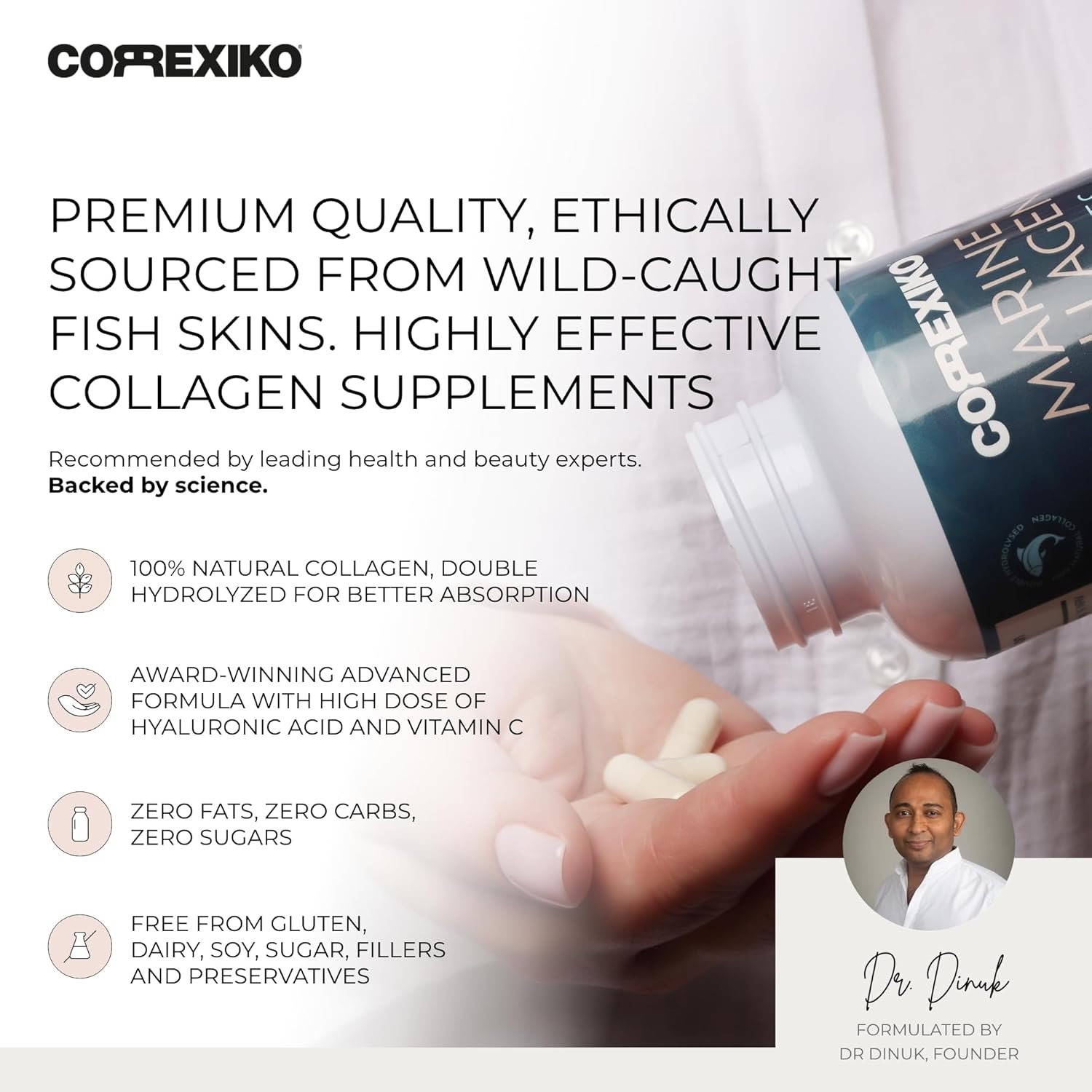 CORREXIKO Marine Collagen Supplement Pills - 1800mg Hydrolyzed Collagen Peptides per Serving with Added Hyaluronic Acid, Vitamin C & Minerals - for Hair, Skin & Nails - 720 Capsules 6 Month Supply