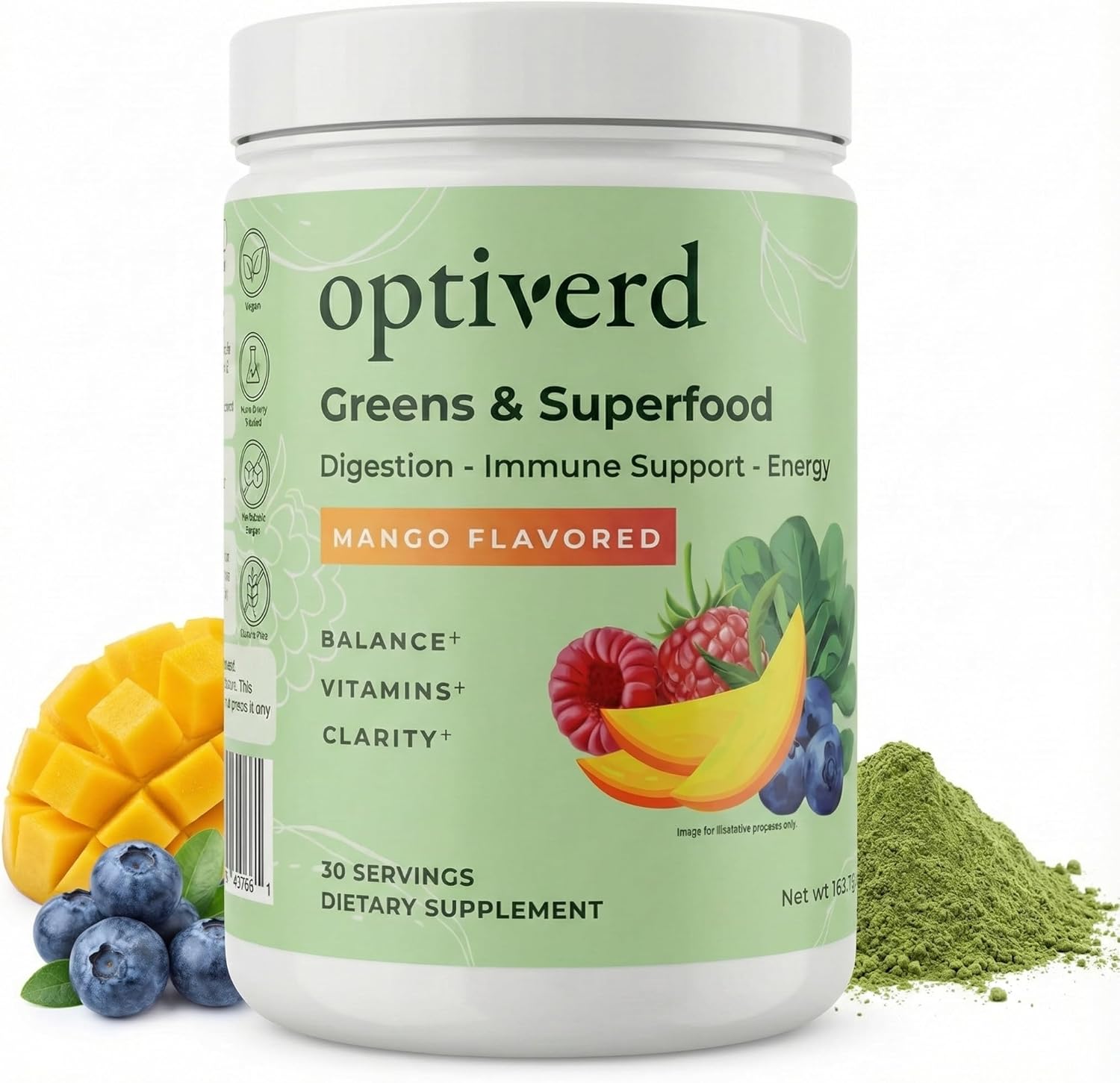 Organic Greens Superfood Powder with Probiotics & Enzymes – Max Gut Health, Energy & Detox – Immune Support – Vegan, Gluten-Free – Mango Flavor (30 Servings)