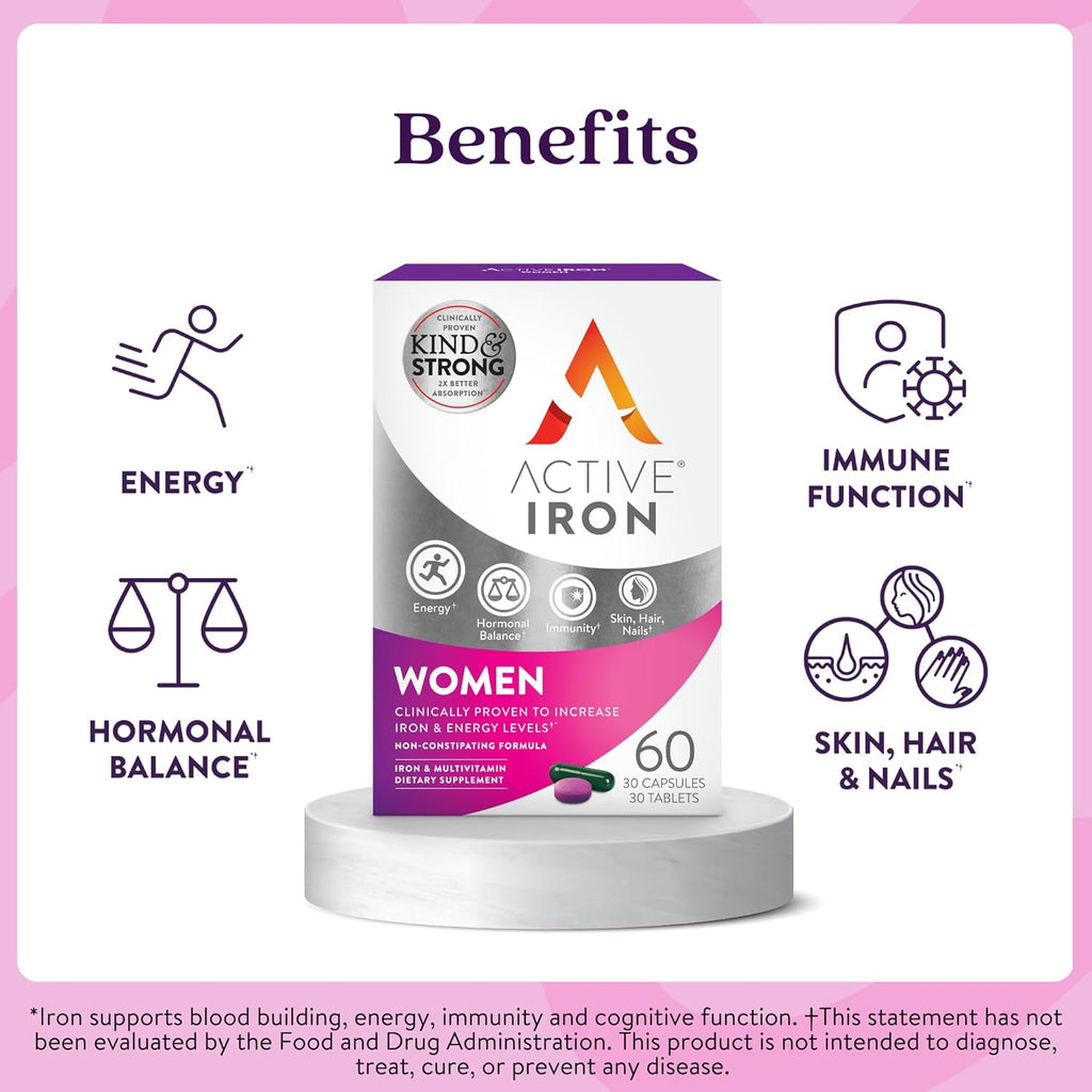 Iron Supplement 25mg + Multivitamin for Women – Clinically Proven to Increase Energy & Reduce Tiredness – Gentle, Non-Constipating Iron + Women’s Multivitamin – 60 Capsules + 60 Tablets