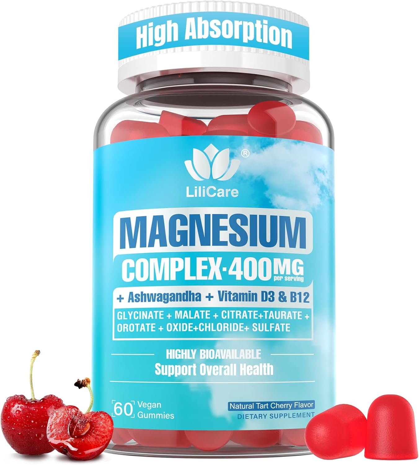 Sugar Free Magnesium Complex for Women, Calm Magnesium Gummies for Adults 400mg, Magnesium Glycinate, Citrate, Malate & More- Magnesium Gummy with Magnesium Ashwagandha, D3, B12 for Relax, Calm, Vegan