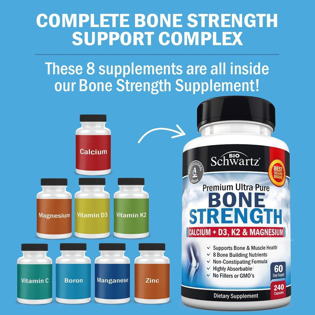 High Absorption Bone Strength Supplement - Gentle Non-Constipating Bone Health Supplement for Women & Men with 9-in-1 Complex with Calcium Magnesium Zinc D3 K2 & More - 3rd Party Tested - 2 Months