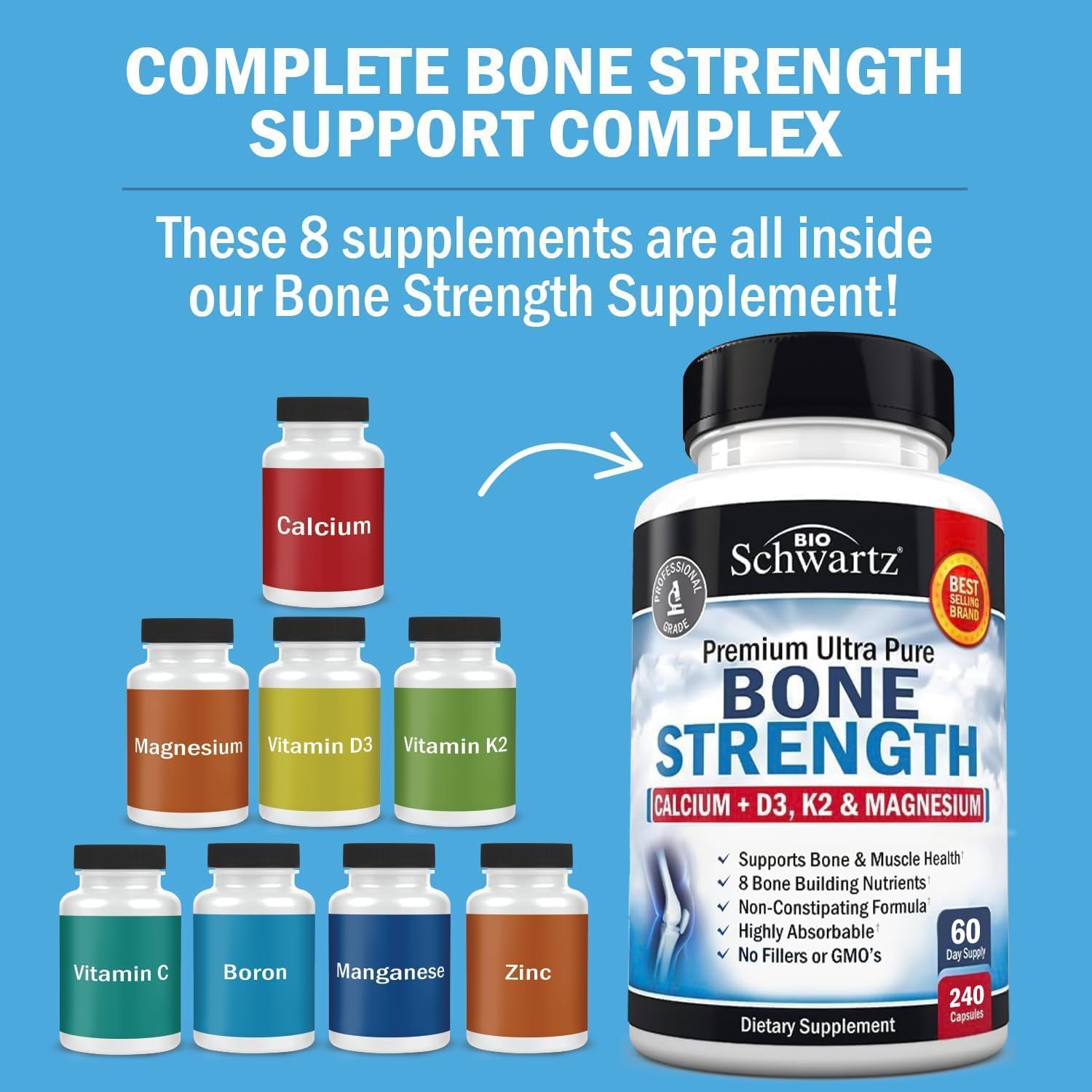 High Absorption Bone Strength Supplement - Gentle Non-Constipating Bone Health Supplement for Women & Men with 9-in-1 Complex with Calcium Magnesium Zinc D3 K2 & More - 3rd Party Tested - 2 Months
