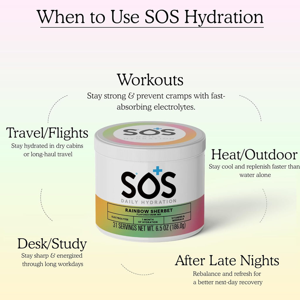 SOS Hydration ORS Electrolyte Powder Stick Packs | Oral Rehydration Solution | Low Sugar | Rapid Rehydration | Made in USA | Keto | Rainbow Sherbet | 31 Servings