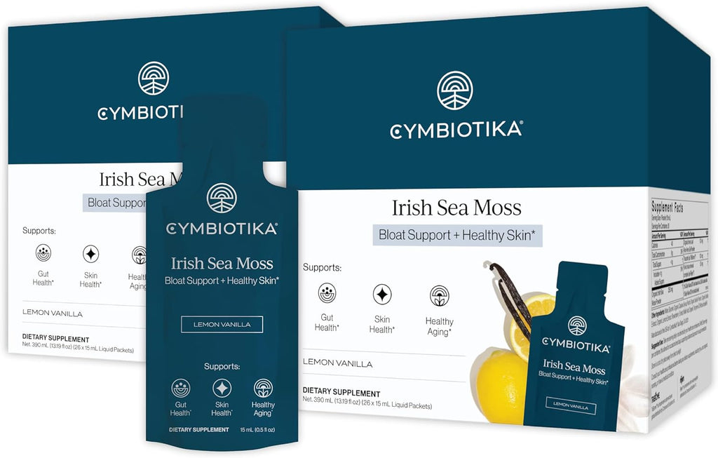 CYMBIOTIKA Irish Sea Moss Supplement, Organic Wildcrafted Sea Moss with Aloe Vera, Fulvic Minerals, Postbiotics, Gut, Immune, Skin Support, On The go Packet, 52 Servings, 2 Month Supply