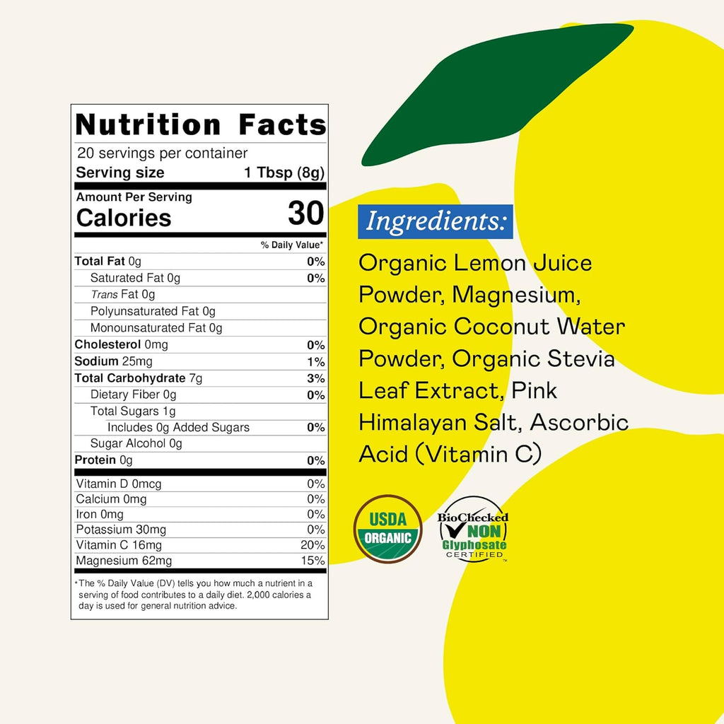 Organic Hydration Electrolyte Drink Mix, Certified Organic Hydration Powder, Non-GMO, Biochecked Glyphosate Free, Low Sugar, Lemonade Flavor, No Artificial Flavors, 20 Servings