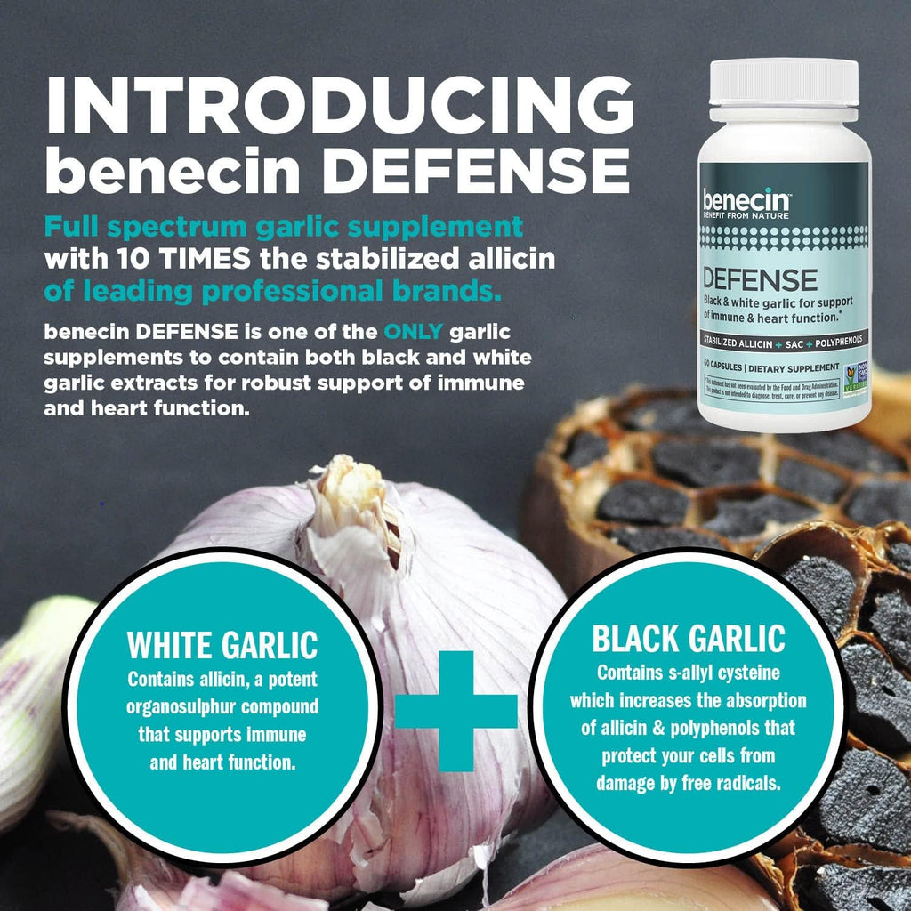 Benecin Defense 1500 mcg Stabilized Allicin per Capsule | Plus high Amounts of SAC & Polyphenols from Black Garlic | Powerful Support of Immune & Heart Function Vegetarian Caps (1 Count (Pack of 60))