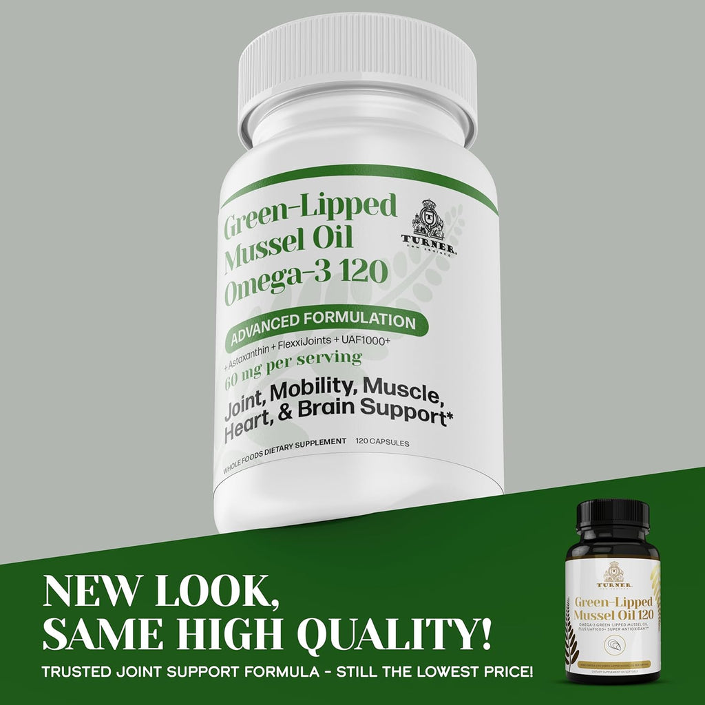 TURNER New Zealand Green Lipped Omega-3 Mussel Oil, 53x Higher Potency with UAF1000+ Super Antioxidant for Superior Joint Comfort & Mobility, No Fishy Aftertaste, 1 Bottle, 120 Softgels