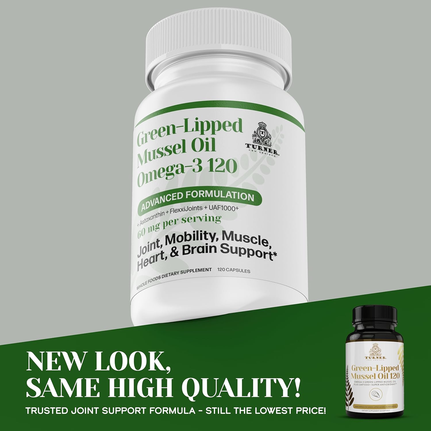 TURNER New Zealand Green Lipped Omega-3 Mussel Oil, 53x Higher Potency with UAF1000+ Super Antioxidant for Superior Joint Comfort & Mobility, No Fishy Aftertaste, 1 Bottle, 120 Softgels