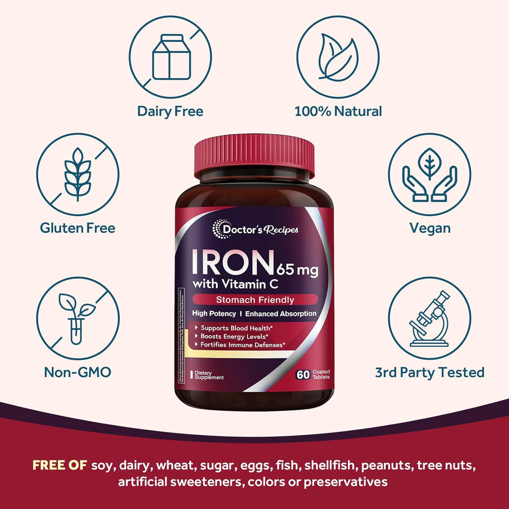 Doctor's Recipes Iron Supplement 65 mg with Vitamin C - Maximized Absorption, Stomach Friendly & High Potency Iron Pills for Red Blood Cells Formation & Immunity Health - Vegan Non-GMO 60 Iron Tablets