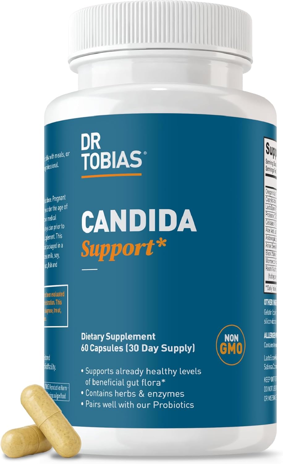 Dr. Tobias Candida Support, Gut Flora Balance Complex with Oregano, Caprylic Acid, Enzymes & Probiotics, Support Intestinal Detox Cleanse & Gut Health for Women & Men, 60 Capsules, 30 Servings