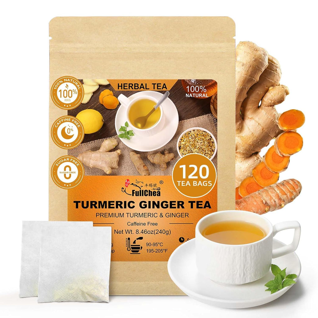 FullChea - Turmeric Ginger Tea Bags, 2g×120 Count - Premium Ginger & Turmeric - Non-GMO - Caffeine-free - Aid Digestion & Provide Antioxidants