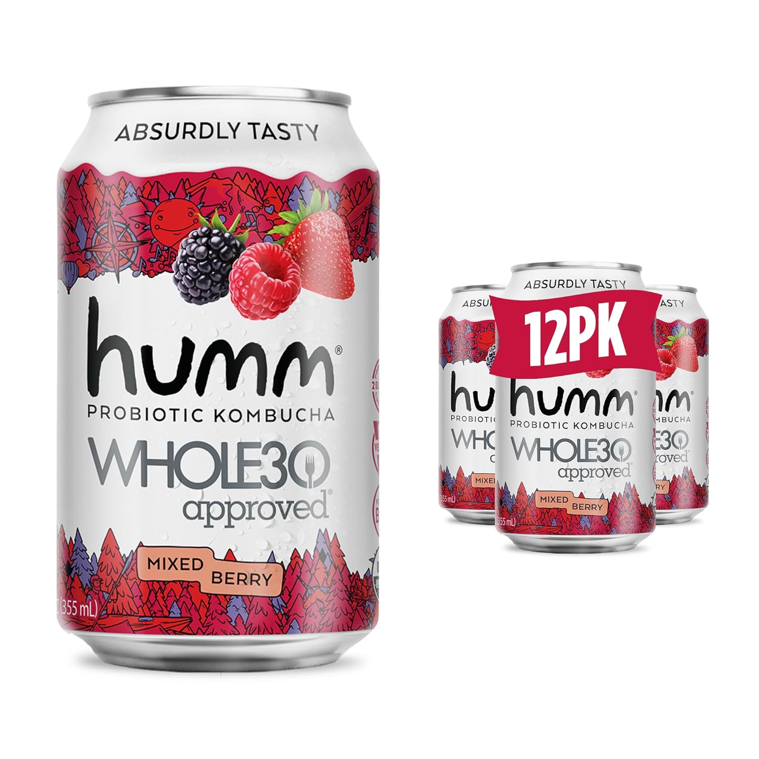 Humm Whole30 Approved Kombucha, Mixed Berry, Organic, Vegan & GMO Free (12 Pack)