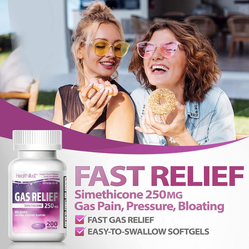 HealthA2Z® Gas Relief Simethicone 250mg | Fast Gas Relief | Relieve Symptoms Naturally (200 Softgels (Pack of 1))