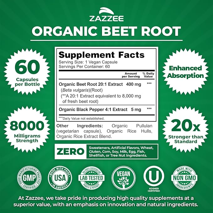 Zazzee USDA Organic Beet Root 8000 mg Strength 20:1 Extract, 60 Vegan Quick Release Capsules, Kosher, Supports Nitric Oxide Production, Black Pepper Extract for Enhanced Absorption, Made in The USA