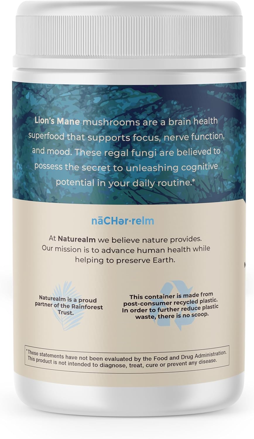 Naturealm Lion's Mane Mushroom Powder - Organic Brain Support for Focus Memory Mental Clarity - Non GMO Cognitive Function - 60 Servings