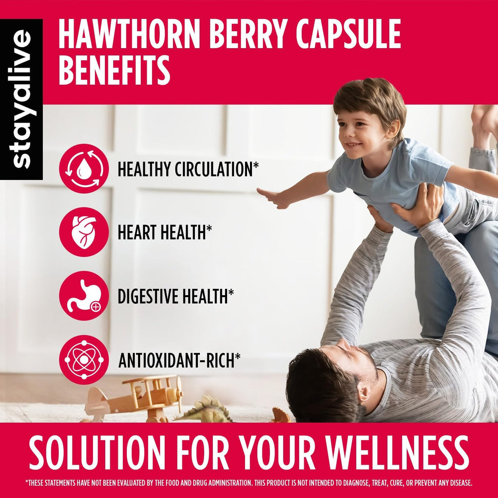 STAY ALIVE Extra Strength Hawthorn Berry Capsules, 20:1 Extract, 6-in-1 Antioxidant w/Citrus Bergamot, Turmeric Root Powder, Garlic, Arjuna & Black Pepper, 120 Vegan Pills, Hawthorne Berry Supplement