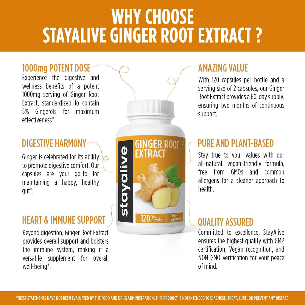 STAY ALIVE Pure Ginger Root Capsules 1000mg, 10:1 Extract Powder with 5% Gingerols, 120 Pills, Extra Strength Root Powder, Vegan, Non-GMO and Gluten-Free Ginger Supplement