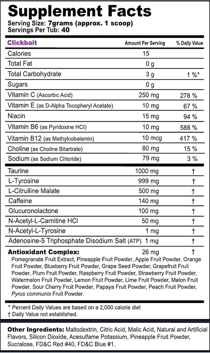 G Fuel Clickbait Energy Drink Powder, Pre Workout Caffeine Mix for Gaming, Sugar Free Focus Amino, Vitamin + Antioxidants, 9.8oz (Cherry Pomegranate, 40 Servings)