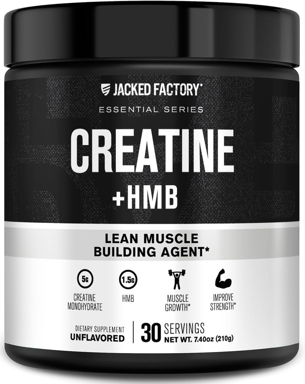 Jacked Factory Creatine Monohydrate + HMB - Creatine Dietary Sports Nutrition Bodybuilding Supplement for Men and Women - Muscle Growth, Increased Strength, Enhanced Energy - 30 Servings, Unflavoured