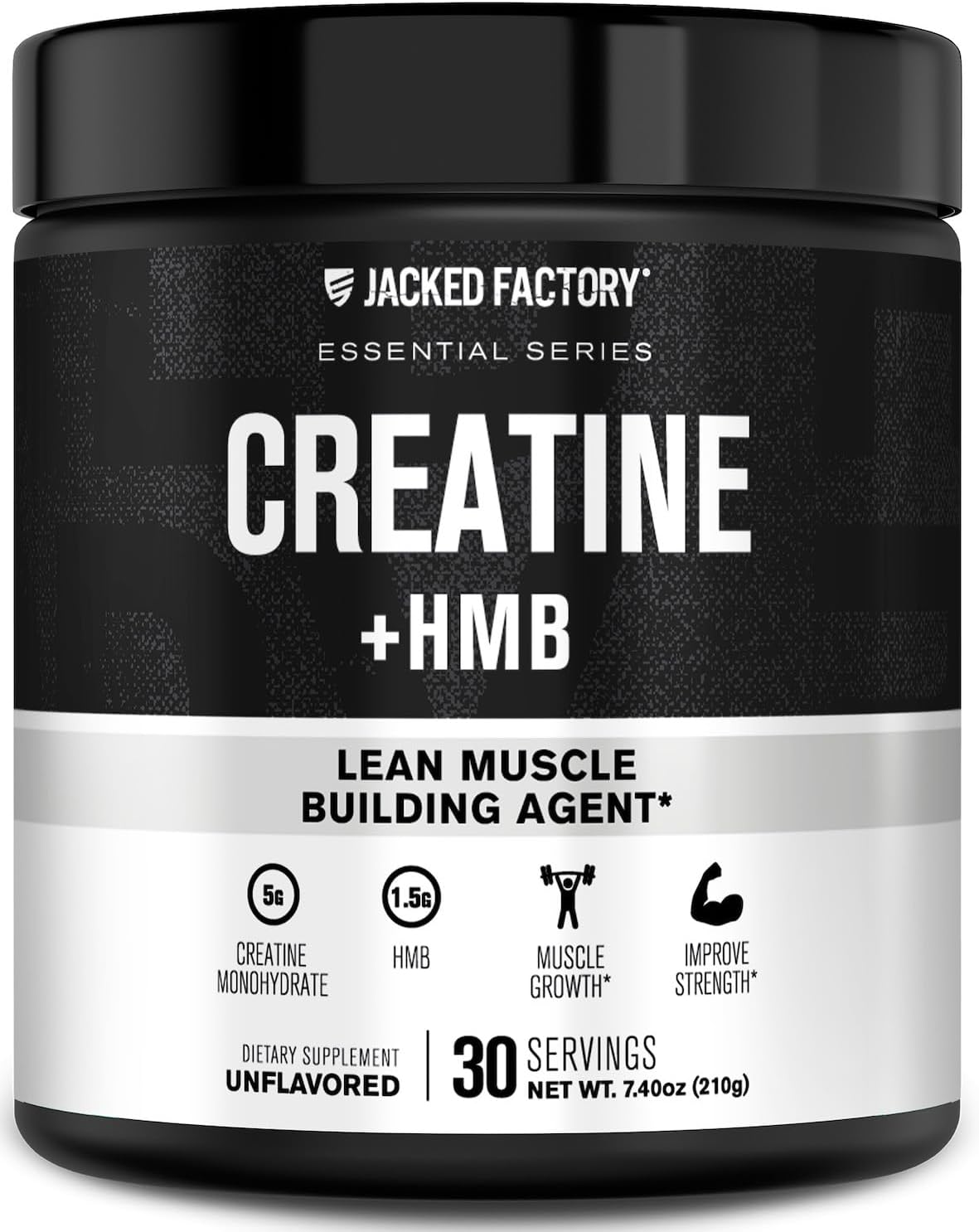 Jacked Factory Creatine Monohydrate + HMB - Creatine Dietary Sports Nutrition Bodybuilding Supplement for Men and Women - Muscle Growth, Increased Strength, Enhanced Energy - 30 Servings, Unflavoured
