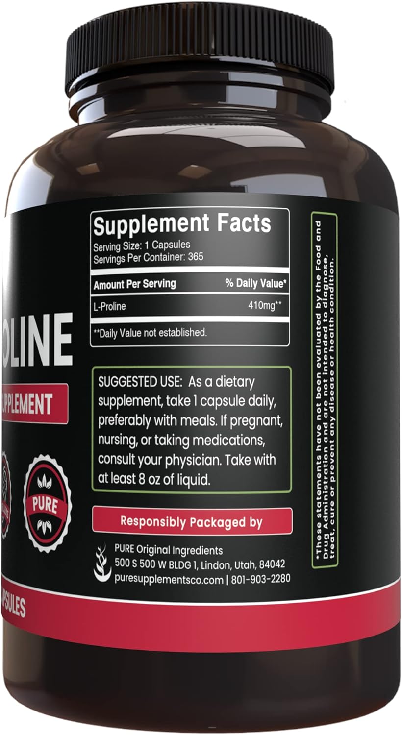 PURE ORIGINAL INGREDIENTS L-Proline (365 Capsules) No Magnesium Or Rice Fillers, Always Pure, Lab Verified