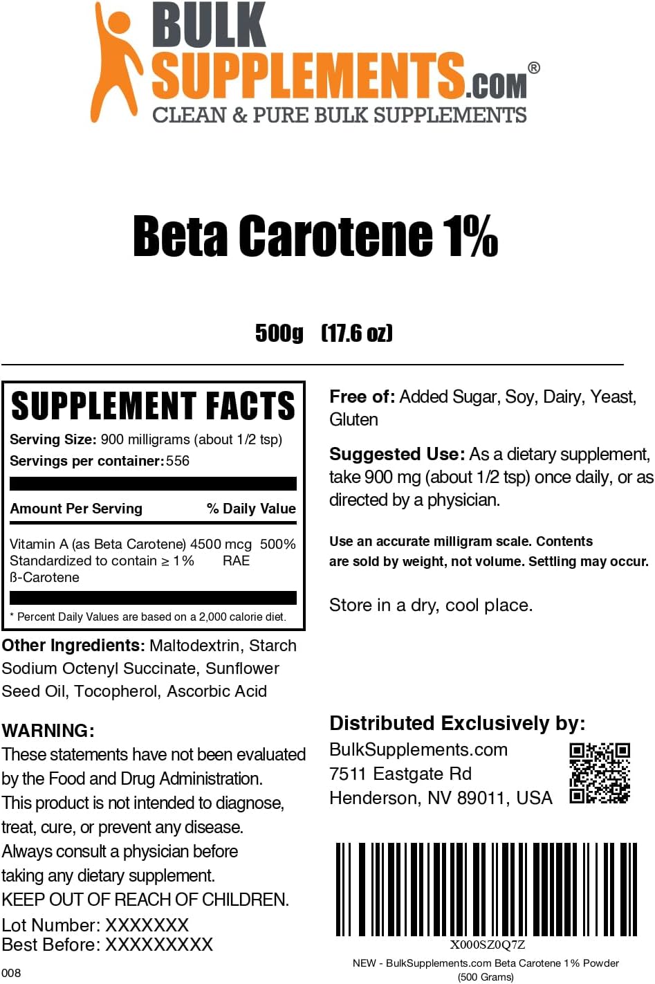 BulkSupplements.com Beta Carotene Powder - Vitamin A Supplements, Beta Carotene Supplements - for Vision & Eye Support, Gluten Free, 900mg per Serving, 500g (1.1 lbs) (Pack of 1)