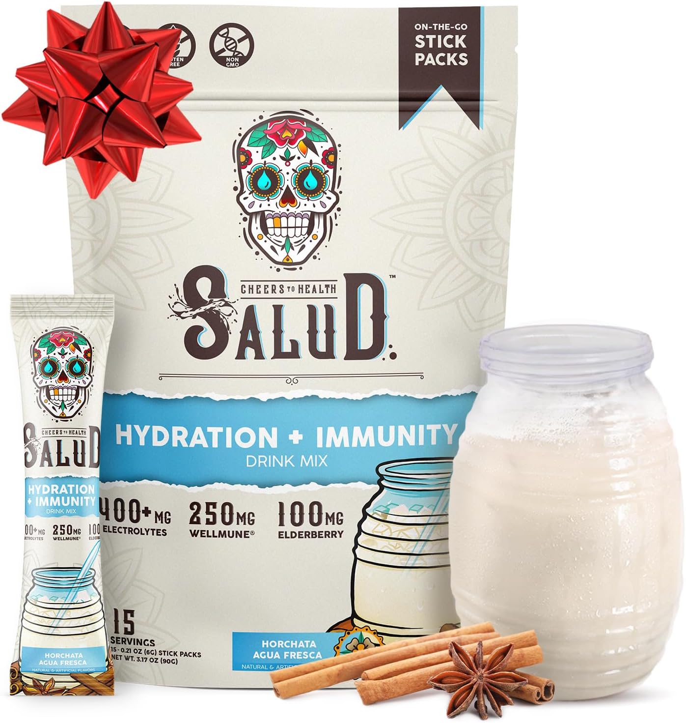 Salud 2-in-1 Hydration Packets + Immunity Electrolytes Powder, Horchata - Agua Fresca Drink Mix, Elderberry, Dairy & Soy Free, Non-GMO, Gluten Free, Vegan, Low Calorie, 1g Sugar (15 Servings)