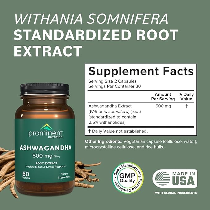 Prominent Nutrition Ashwagandha Supplement - Clinically Researched Shagandha Root Extract for Healthy Mood & Stress Support, Standardized to 2.5% Withanolides, 500 mg, 60 Vegan Capsules - 2 Pack