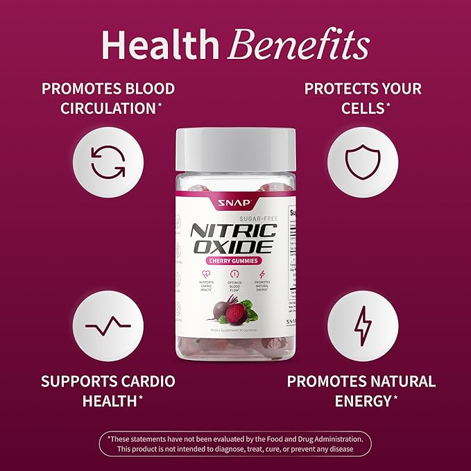 Snap Supplements Nitric Oxide Beet Root Gummies – Beet Root Supplement with Pomegranate Powder Supports Healthy Circulation & Natural Energy, 60 Sugar-Free Gummies (1 Month Supply), Cherry