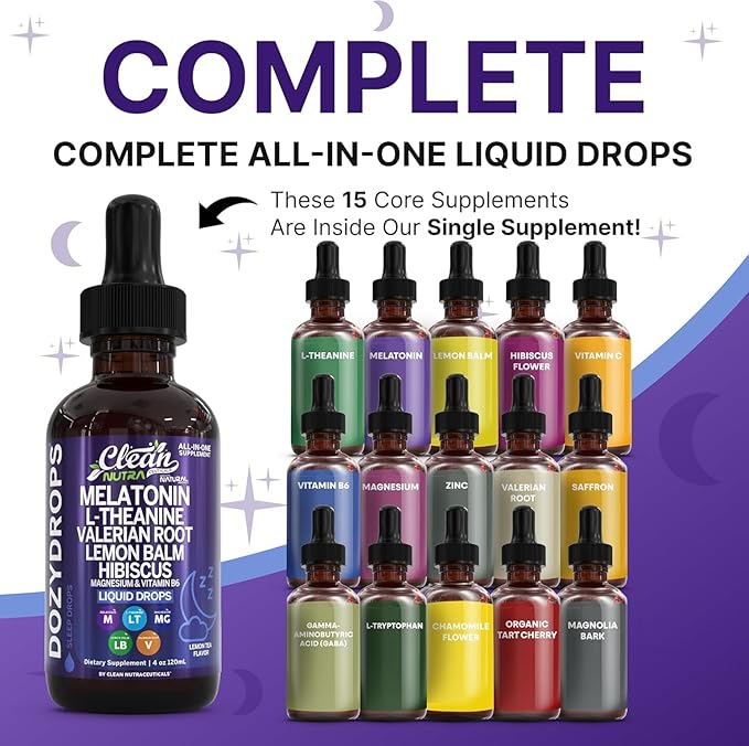 Clean Nutra Melatonin 10mg Drops Magnesium Vitamin B6 L-Theanine Valerian Hibiscus Lemon Balm Supplement Liquid Sugar-Free Vegan Non-GMO Natural Sleep Support Aid Lemon Tea Flavor 120mL Formula