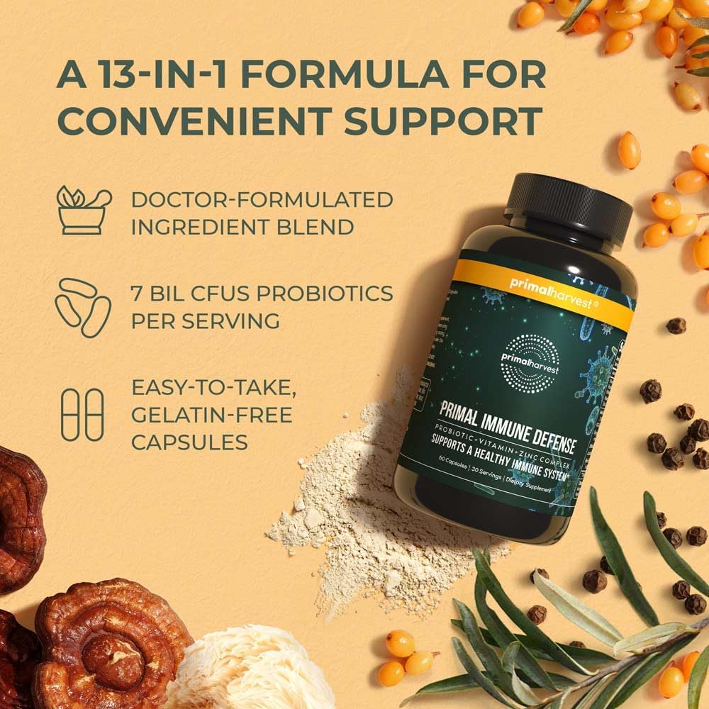 Primal Harvest Primal Immune Defense: 10-in-1 Immune Support with Probiotics, Zinc, Vitamins C, B6, D3 & K2, Immune Booster for Adults 60 Capsules (2-Pack)