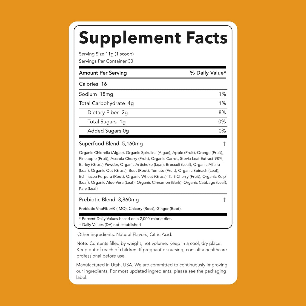 Clean Simple Eats Super Greens Powder, Naturally Flavored Greens Powder with Chlorella, Spirulina, Superfoods & Prebiotic Fiber, No Artificial Ingredients, Gluten Free, Tropical Greens Flavor, 30 Srvg
