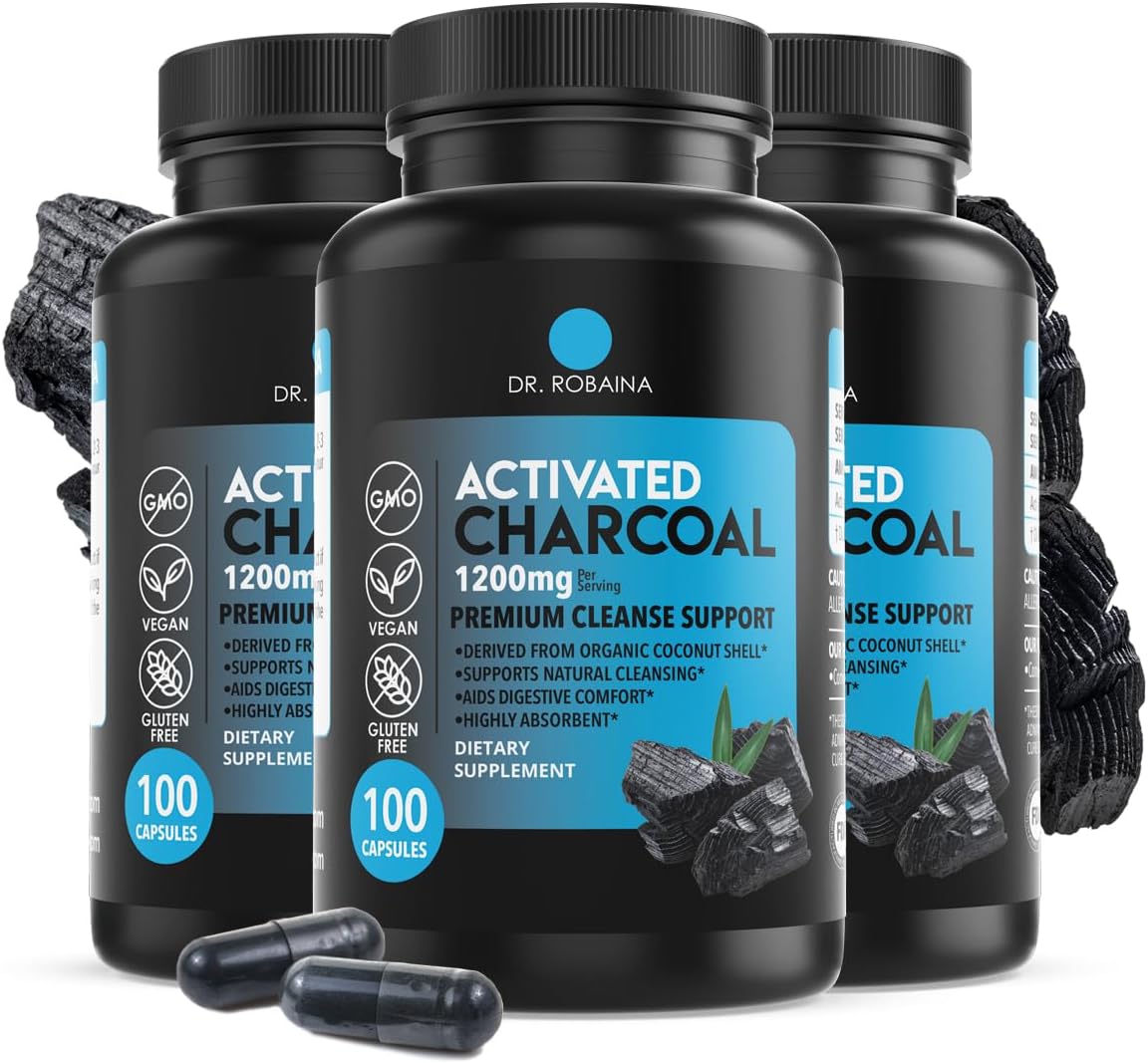 Dr. Robaina Activated Charcoal Capsules 1200 mg – Coconut-Shell Carbon for Gas & Bloating Relief, Digestive Comfort & Next-Morning Support – Vegan • Non-GMO – 100 Count, USA Made