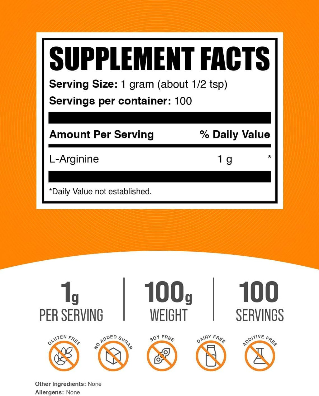 BulkSupplements.com L-Arginine Powder - Arginine Supplement, Nitric Oxide Supplement - Unflavored & Gluten Free, 1g per Serving, 100g (3.5 oz) (Pack of 1)
