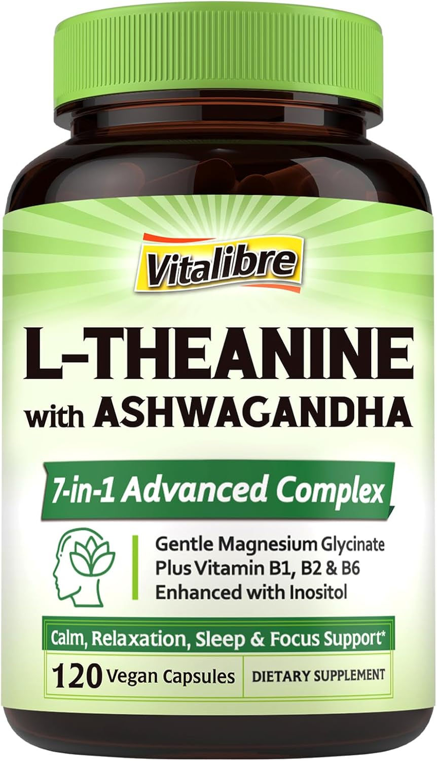 L-Theanine 200mg Supplement, Magnesium Glycinate, Ashwagandha, Inositol, Vitamin B1 B2 B6, No Gluten, Calm, Relaxation, Focus, Cognitive Function, 120 Vegan Caps