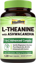 L-Theanine 200mg Supplement, Magnesium Glycinate, Ashwagandha, Inositol, Vitamin B1 B2 B6, No Gluten, Calm, Relaxation, Focus, Cognitive Function, 120 Vegan Caps