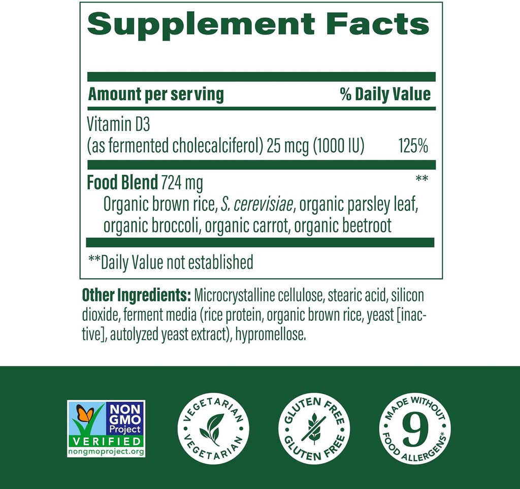 MegaFood Vitamin D3 1000 IU (25 mcg) - Vitamin D Supplements with Real Food, Immune Support, Supports Bones, Teeth & Muscles, Vegetarian, Gluten-Free, Non-GMO, Kosher – 90 Tablets, 90 Servings