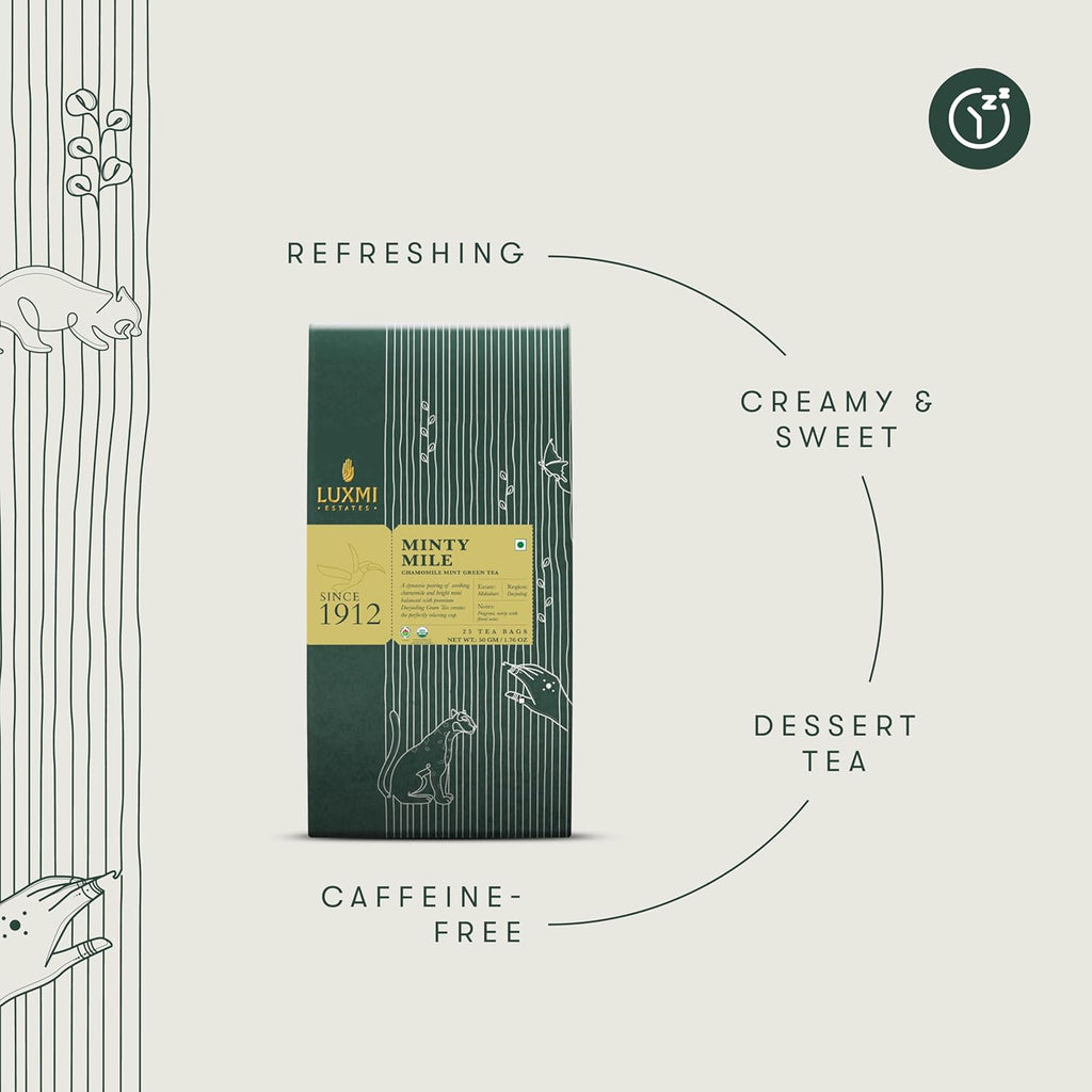 Luxmi Estates Minty Mile Organic Chamomile Mint Green Tea (25 Tea Bags) Low Caffeine Tea Bags For Relaxing, Calming, and Stress Relief, With Certified Organic Darjeeling Makaibari Green Tea