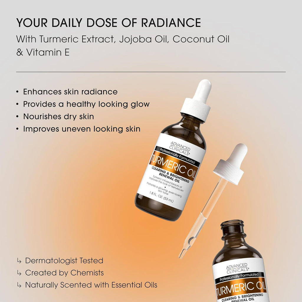 Advanced Clinicals Turmeric Oil Serum For Face | Facial Skin Care Serum With Jojoba + Coconut Oil To Improve Appearance Of Dark Spots & Uneven Skin Tone | Antioxidant Dry Skin Moisturizer, 2-Pack