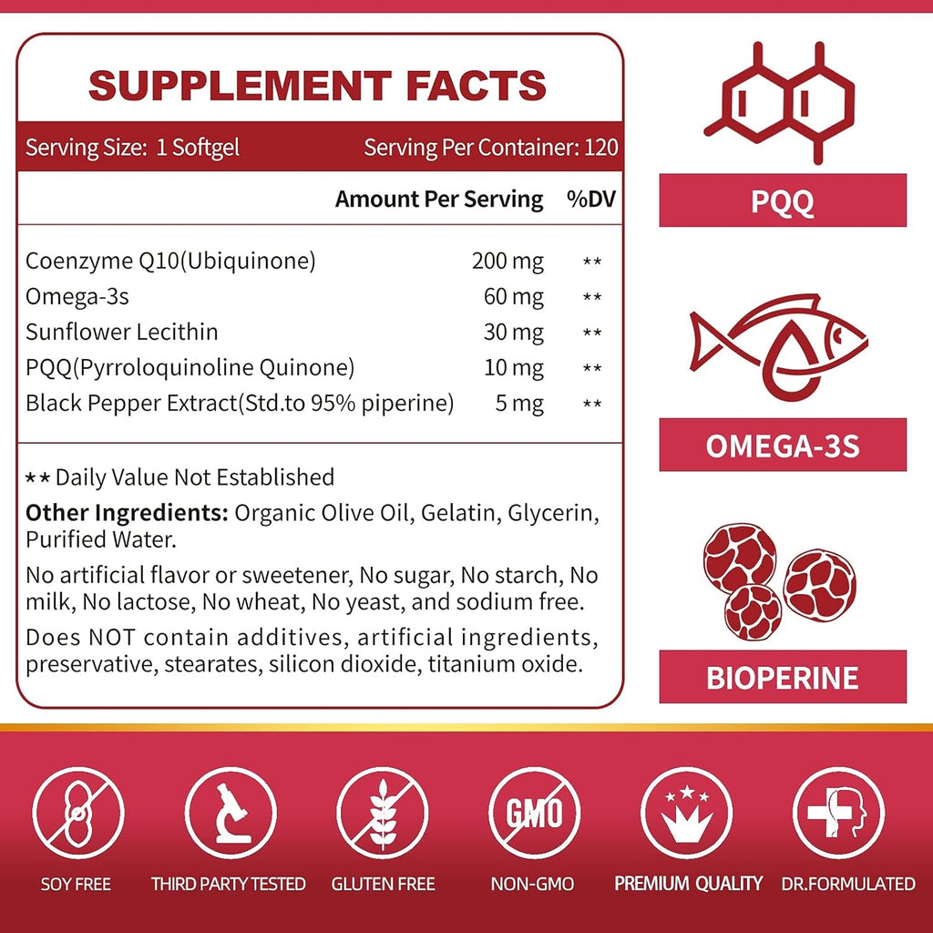 ZEBORA CoQ10-200mg-Softgels with PQQ, BioPerine & Omega-3, 120 Servings Coenzyme Q10(Ubiquinone) Supplement for High-Absorption, Powerful-Antioxidant, Support Heart & Energy-Production