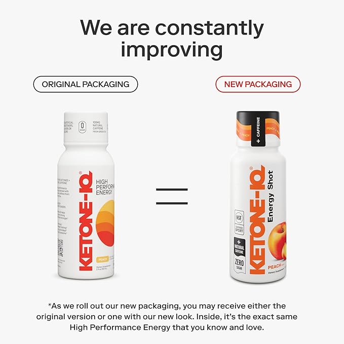 Ketone-IQ Ketone Energy Shots - 100mg Green Tea Caffeine, 5g Exogenous Ketones, and B Vitamins - 24 On The Go Caffeine Shots - Fast Acting Energy Drink (Peach)