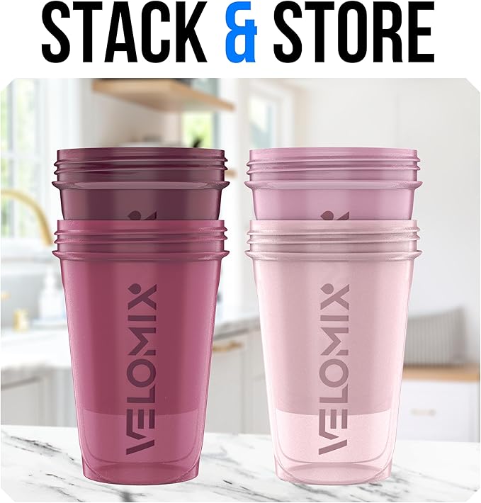 VELOMIX -4 PACK- 20 OZ Protein Shaker Bottles for Protein Mixes, Shaker Cups for Protein Shakes, Small Shaker Bottle Pack, Shaker Cup, Shakers for protein Shakes (Berry Blend)
