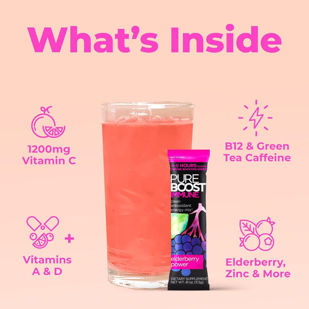 Pureboost Immune Clean Energy Booster, Refreshing Energy Drink Mix and Immunity Supplement with Elderberry, 1,200 mg Vitamin C, Vitamins A + D, and Zinc. (Elderberry Power, 30 Count)