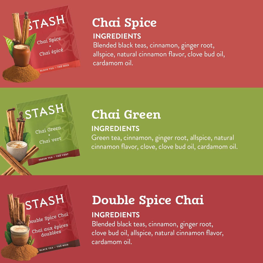 Stash Tea Chai Tea Variety Pack Sampler Assortment - Caffeinated, Non-GMO Project Verified Premium Tea with No Artificial Ingredients, 18-20 Count (Pack of 6)