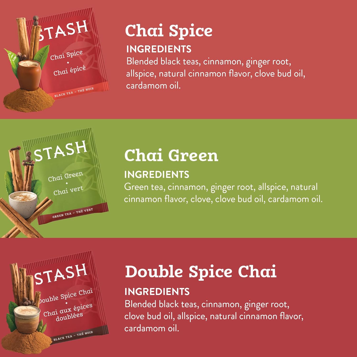 Stash Tea Chai Tea Variety Pack Sampler Assortment - Caffeinated, Non-GMO Project Verified Premium Tea with No Artificial Ingredients, 18-20 Count (Pack of 6)