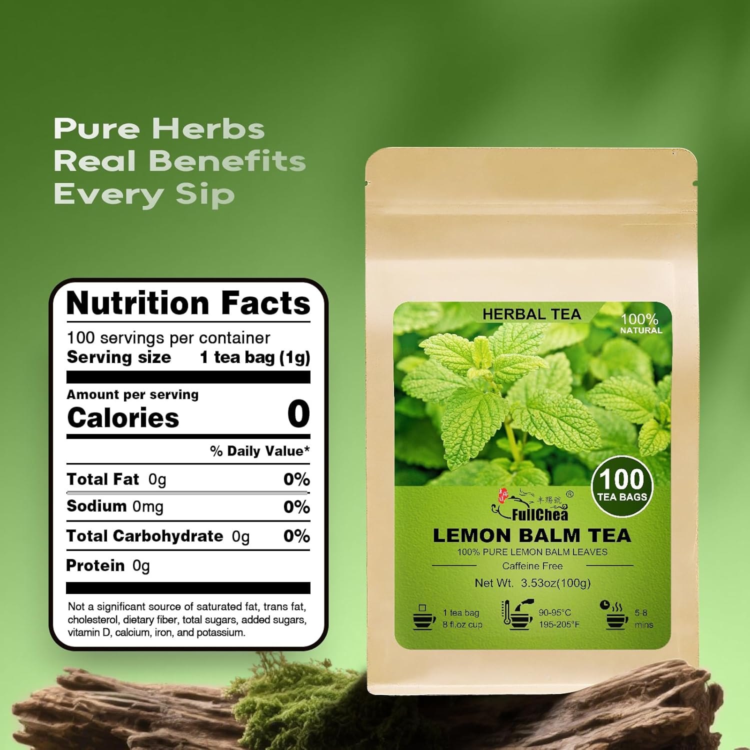 FullChea - Lemon Balm Tea Bags, 100 Count - Pure & Natural Dried Lemon Balm Leaves - Melissa Officinalis - Caffeine-free Herbal Tea for Relaxation - Non-GMO